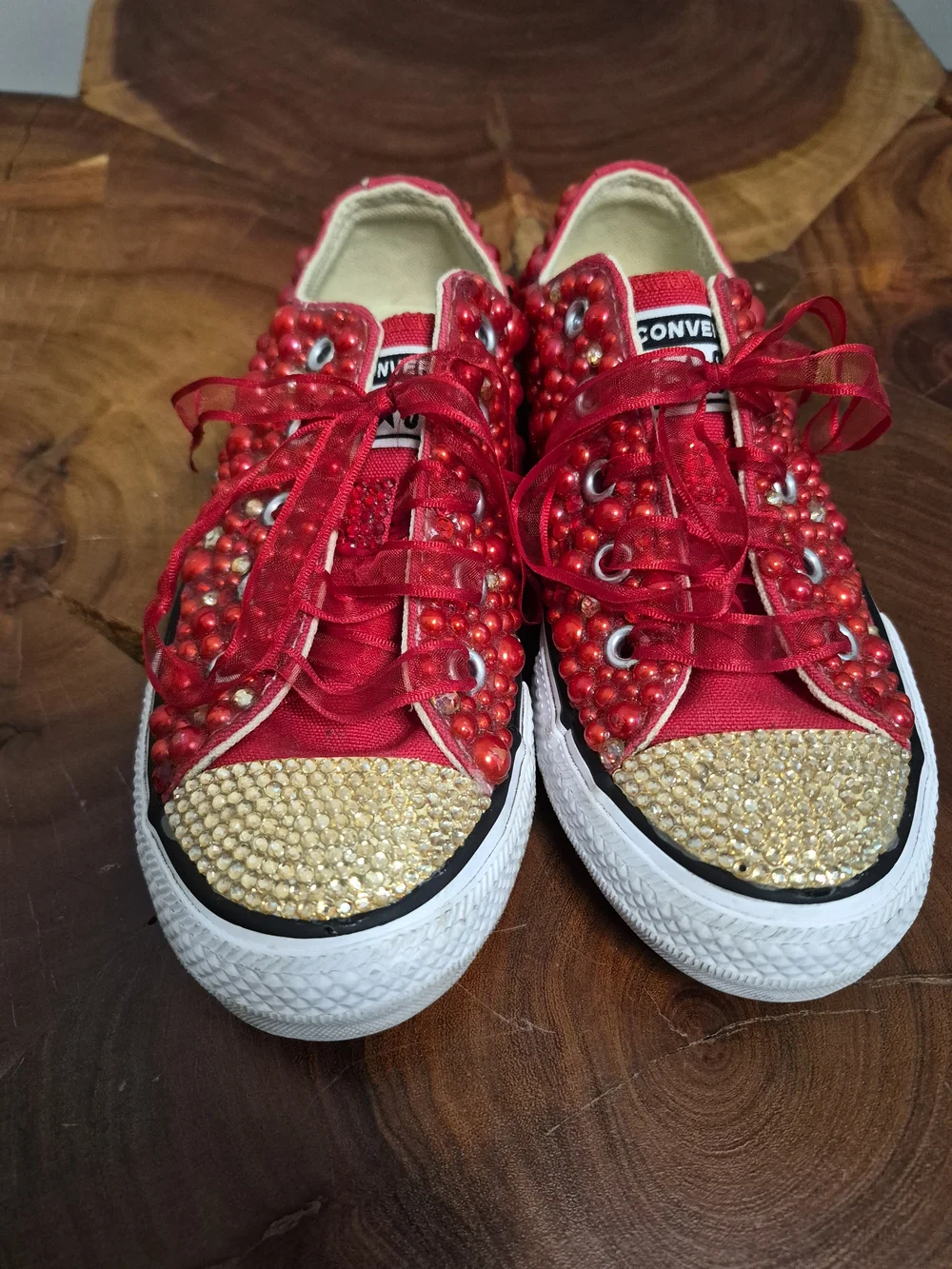 Converse Chuck Taylor All Star Low Top Custom Red Gold Embellished Sneaker - 12Y